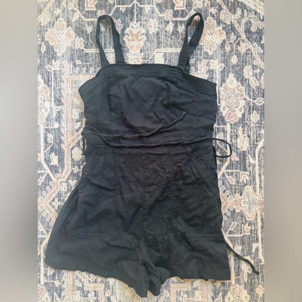 Black Linen Tie-Waist Romper
